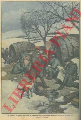 BELTRAME A. - - Gruppo di combattenti trova comoda abitazione nell'interno di grosse botti.