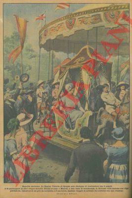 BELTRAME A. - - La regina Vittoria di Spagna, insieme ai figli, si destreggia sopra ad una giostra insieme al popolo.