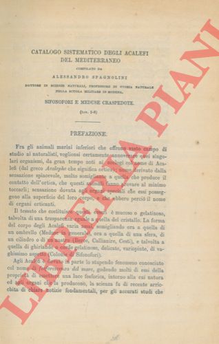 SPAGNOLINI Alessandro - - Catalogo sistematico degli Acalefi del Mediterraneo compilato da Alessandro Spagnolini dottore in Scienze Naturali, professore di Storia Naturale nella Scuola Militare in Modena. Sifonofori e Meduse Craspedote.