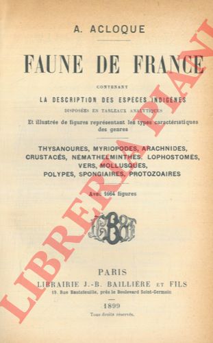 ACLOQUE A. - - Thysanoures, Myriopodes, Arachnides, Crustacs, Nmathelminthes, Lephostomes, Vers, Mollusques, Polypes, Spongiaires, Protozoaires. (Faune de France ...)