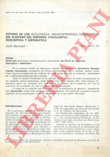 MARTINELL Jordi - - Estudio de los Buccinacea (Neogastropoda, Gastropoda) del Plioceno del Empord (Catalunya) . Descriptiva y sistematica.