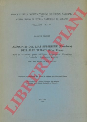 PELOSIO Giuseppe - - Ammoniti del Lias Superiore (Toarciano) dell'Alpe Turati (Erba, Como) . Generi Hildoceras, Phymatoceras, Paroniceras e Frechiella.