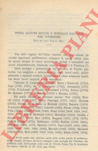 MELI Romolo - - Sopra alcune roccie e minerali raccolti nel viterbese.