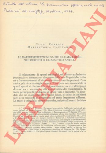 CORRAIN C. - CAPITANIO M. A. - - Le rappresentazioni sacre e le maschere nel diritto ecclesiastico antico.