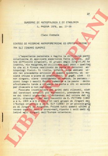 CORRAIN Cleto - - Sintesi di ricerche antropometriche ed emotipologiche tra gli zingari Europei.