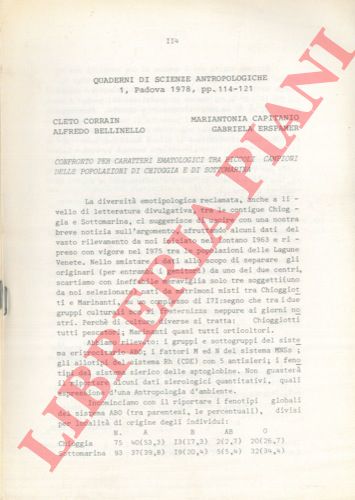 ESPAMER Gabriela - BELLINELLO Alfredo -CAPITANIO Mariantonia - CORRAIN Cleto - - Confronto per caratteri ematologici tra piccoli campioni della popolazione di Chioggia e di Sottomarina. 