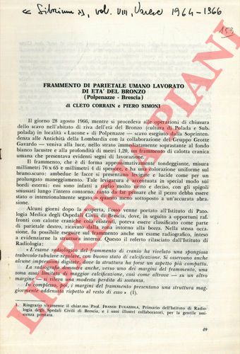 CORRAIN Cleto - SIMONI Piero - - Frammento di parietale umano lavorato di et del bronzo (Polpenazze - Brescia) .