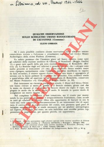 CORRAIN Cleto - - Qualche osservazione sullo scheletro umano rannicchiato di Calvatone (Cremona) .