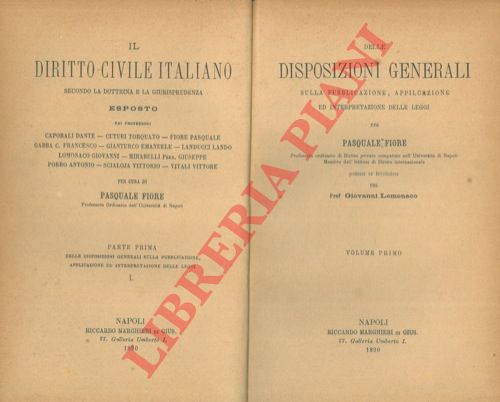 FIORE Pasquale - - Delle disposizioni generali sulla pubblicazione, applicazione ed interpretazione delle leggi. Premessa un'introduzione del Prof. Giovanni Lomonaco.