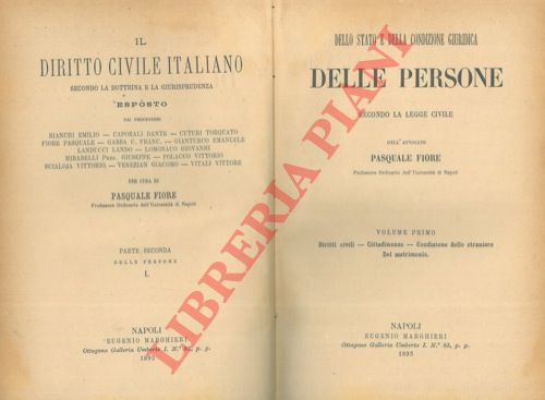 FIORE Pasquale - DUSI B. - PIOLA Giuseppe - FERRARA Francesco - - Dello stato e della condizione giuridica delle persone secondo la legge civile. I. Diritti civili - Cittadinanza - Condizione dello straniero - Del matrimonio. UNITO A: Del domicilio e della residenza. Dell'assenza dell'influenza delle condanne penali sulla capacit civile. UNITO A: DUSI B. - Della filiazione. UNITO A:  PIOLA Giuseppe - Delle persone incapaci. UNITO A: PIOLA Giuseppe - Degli atti dello stato civile. UNITO A: FERRARA Francesco - Teoria delle persone giuridiche.