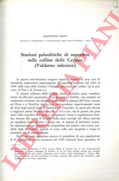 DANI Agostino - - Stazioni paleolitiche di superficie sulle colline delle Cerbaie (Valdarno inferiore) .