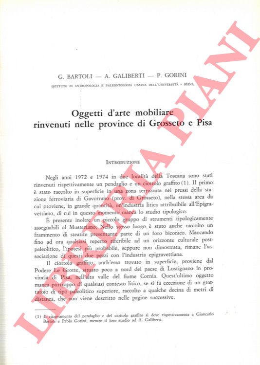 BARTOLI G. - GALIBERTI A. - GORINI P. - - Oggetti d'arte mobiliare rinvenuti nelle province di Grosseto e Pisa.
