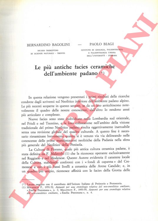 BAGOLINI Bernardino - BIAGI Paolo - - Le pi antiche facies ceramiche dell'ambiente padano.