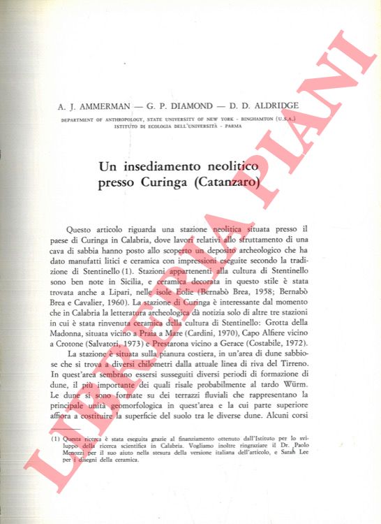 AMMERMANN A. J. - DIAMOND G. P. - ALDRIDGE D. D. - - Un insediamento neolitico presso Curinga (Catanzaro) .