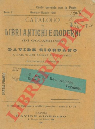 Davide Giordano. Napoli - - Catalogo di libri antichi (di occasione). (Ecclesiastici Letterari).
