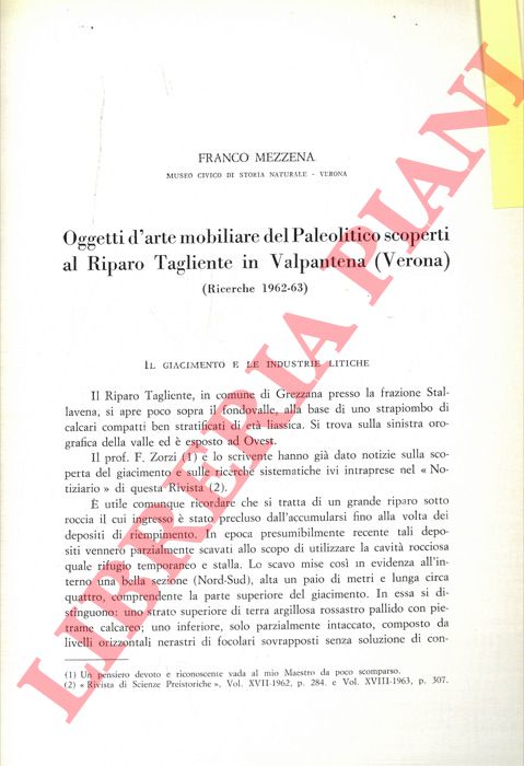 MEZZENA Franco - - Oggetti d'arte mobiliare del Paleolitico scoperti al Riparo Tagliente in Valpantena (Verona) .
