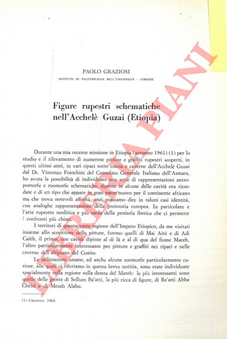 GRAZIOSI Paolo - - Figure rupestri schematiche nell'Acchel Guzai (Etiopia) .