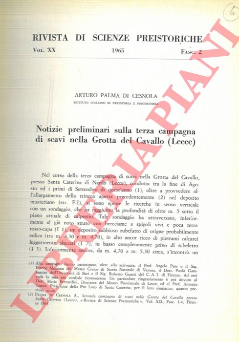 PALMA DI CESNOLA Arturo - - Notizie preliminari sulla terza campagna di scavi nella Grotta del Cavallo (Lecce) .