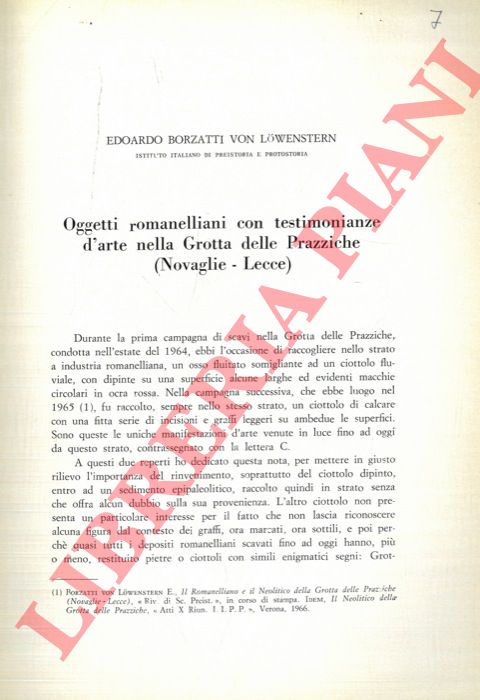 BORZATTI VON LOWENSTERN Edoardo - - Oggetti romanelliani con testimonianze d'arte nella Grotta delle Prazziche (Novaglie - Lecce) .