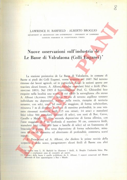 BARFIELD Lawrence H. - BROGLIO Alberto - - Nuove osservazioni sull'industria de Le Basse di Valcalaona (Colli Euganei) .