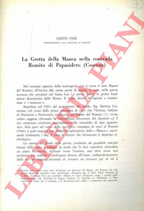 TINE' Santo - - La Grotta della Manca nella contrada Romito di Papasidero (Cosenza) .