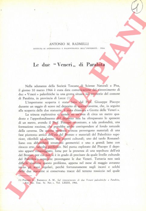 RADMILLI Antonio M. - - Le due 'Veneri' di Parabita.