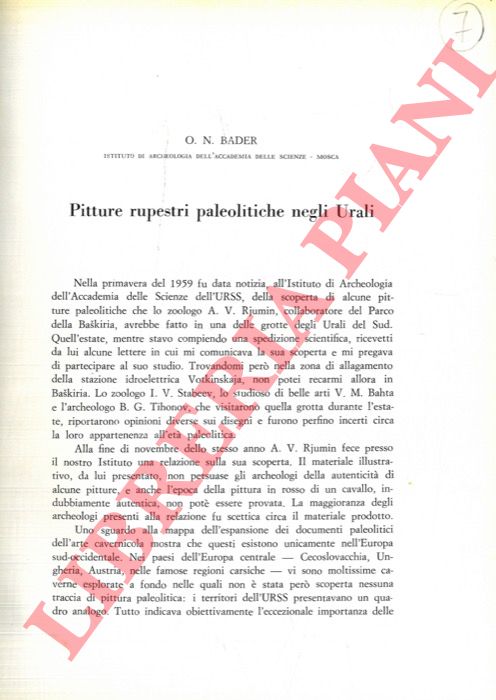 BADER O. N. - - Pitture rupestri paleolitiche negli Urali.