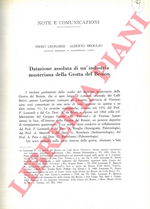 LEONARDI Piero - BROGLIO Alberto - - Datazione assoluta di un'industria musteriana della Grotta del Broion.