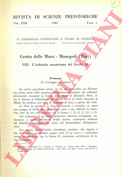 CORNAGGIA CASTIGLIONI O. - PALMA DI CESNOLA Arturo - - Grotta delle Mura - Monopoli (Bari) . L'industria musteriana del livello H.