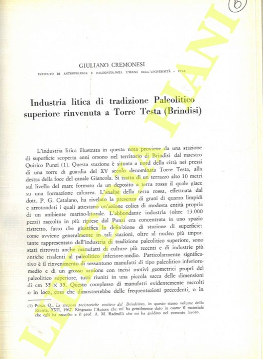 CREMONESI Giuliano - - Industria litica di tradizione Paleolitico superiore rinvenuta a Torre Testa (Brindisi) .