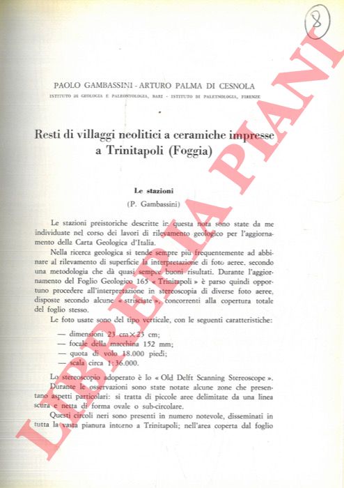 GAMBASSINI Paolo - PALMA DI CESNOLA Arturo - - Resti di villaggi neolitici a ceramiche impresse a Trinitapoli (Foggia) .
