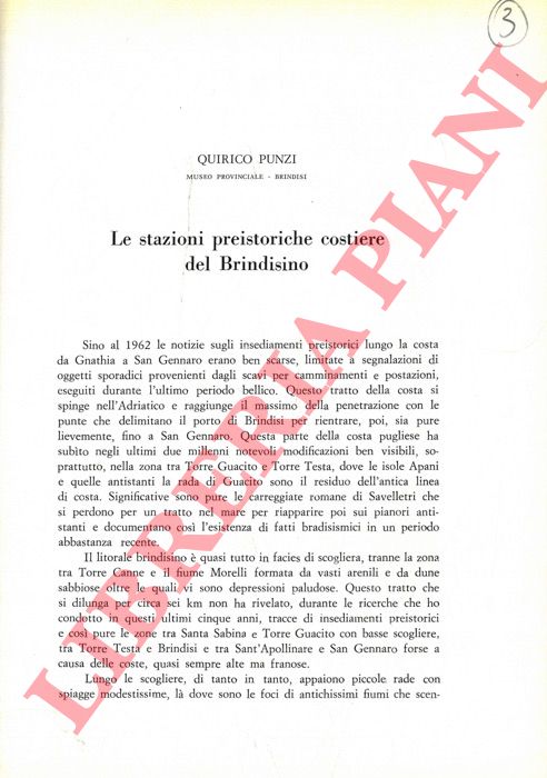 PUNZI Quirico - - Le stazioni preistoriche costiere del Brindisino.