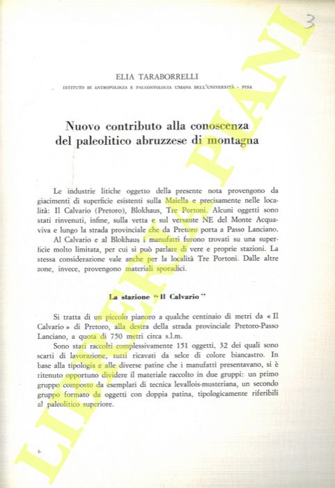 TARABORRELLI Elia - - Nuovo contributo alla conoscenza del paleolitico abruzzese di montagna.