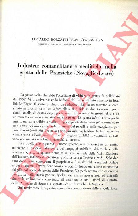 BORZATTI VON LOWENSTERN Edoardo - - Industrie romanelliane e neolitiche nella grotta delle Prazziche (Novaglie-Lecce) .