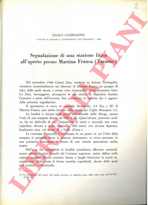 GAMBASSINI Paolo - - Segnalazione di una stazione litica all'aperto presso Martina Franca (Taranto) .