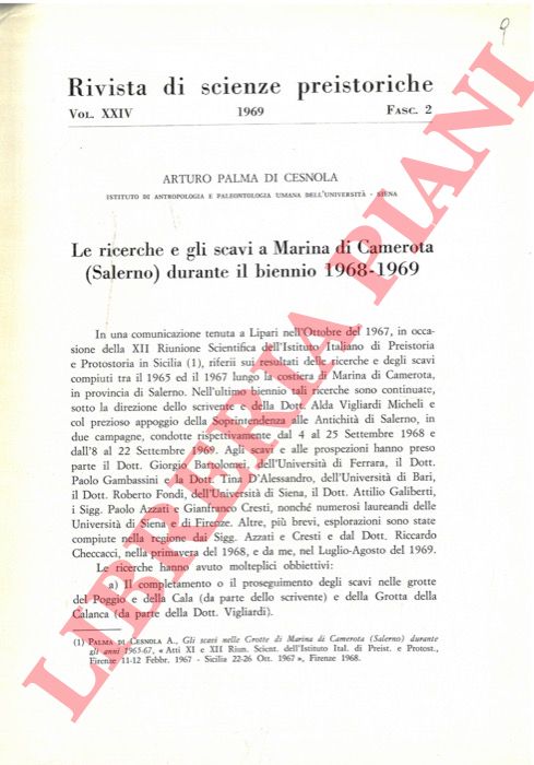 PALMA DI CESNOLA Arturo - - Le ricerche e gli scavi a Marina di Camerota (Salerno) durante il biennio 1968-1969.