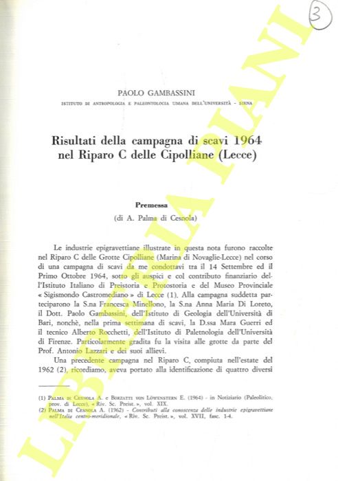 GAMBASSINI Paolo - - Risultati della campagna di scavi 1964 nel Riparo C delle Cipolliane (Lecce) .