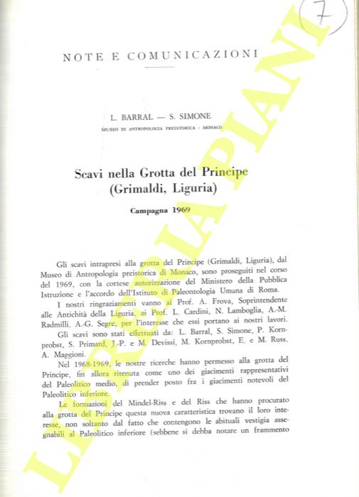 BARRAL L. - SIMONE S. - - Scavi nella Grotta del Principe (Grimaldi, Liguria) .