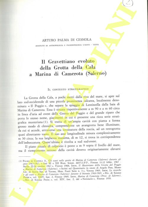 PALMA DI CESNOLA Arturo - - Il Gravettiano evoluto della Grotta della Cala a Marina di Camerota (Salerno) .