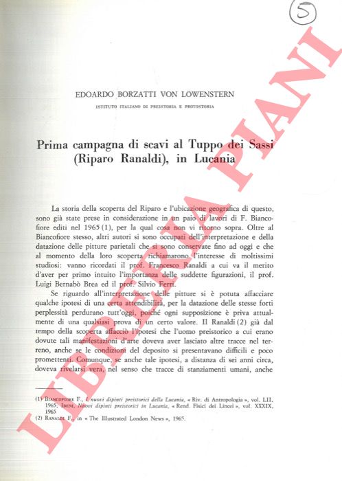 BORZATTI VON LOWENSTERN Edoardo - - Prima campagna di scavi al Tuppo dei Sassi (Riparo Ranaldi) in Lucania.