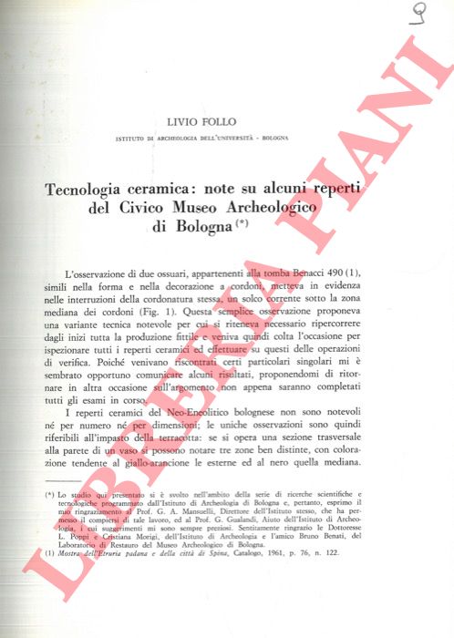 FOLLO Livio - - Tecnologia ceramica : note su alcuni reperti del Civico Museo Archeologico di Bologna.