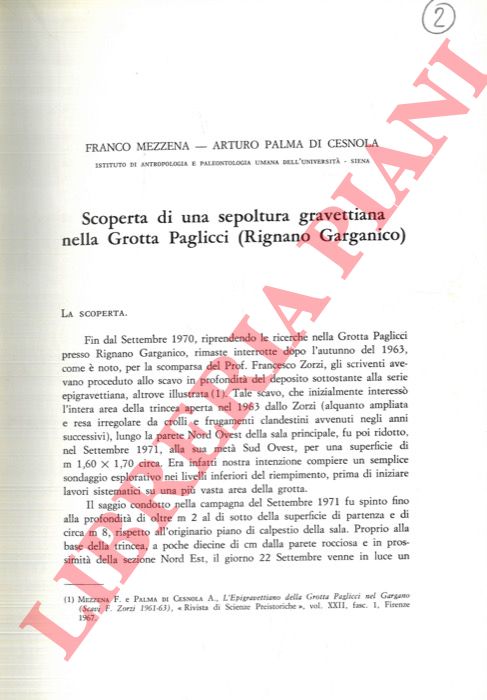MEZZENA Franco - PALMA DI CESNOLA Arturo - - Scoperta di una sepoltura gravettiana nella Grotta Paglicci (Rignano Garganico) .