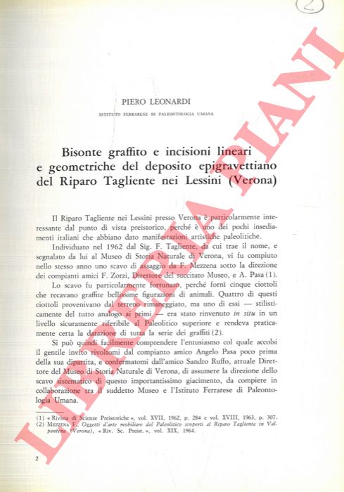 LEONARDI Piero - - Bisonte graffito e incisioni lineari e geometriche del deposito epigravettiano del Riparo Tagliente nei Lessini (Verona) .