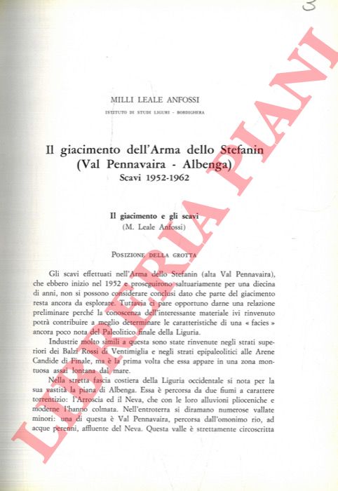 LEALE ANFOSSI Milli - - Il giacimento dell'Arma dello Stefanin (Val Pennavaira - Albenga) . Scavi 1952-1962.
