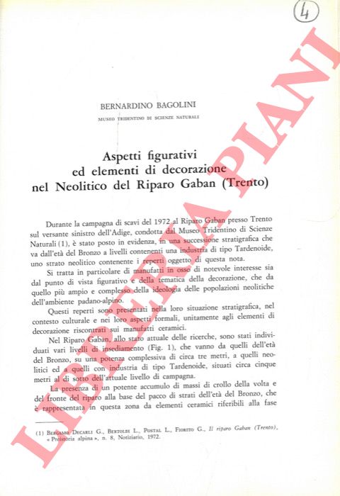 BAGOLINI Bernardino - - Aspetti figurativi ed elementi di decorazione nel Neolitico del Riparo Gaban (Trento) ,