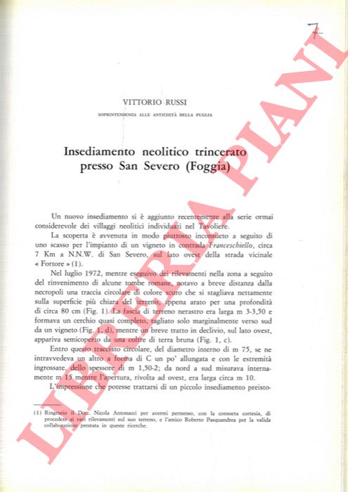 RUSSI Vittorio - - Insediamento neolitico trincerato presso S. Severo (Foggia) .