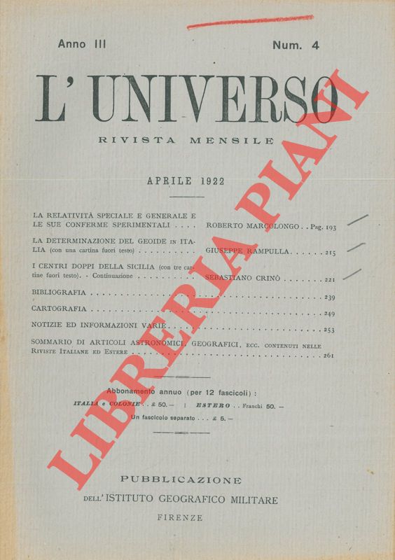 RAMPULLA Giuseppe - - La determinazione del geoide in Italia.