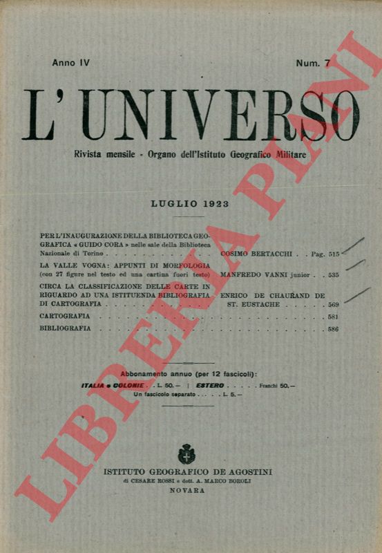 BERTACCHI Cosimo - - Per l'inaugurazione della biblioteca geografica 'Guido Cora' nelle sale della Biblioteca Nazionale di Torino.