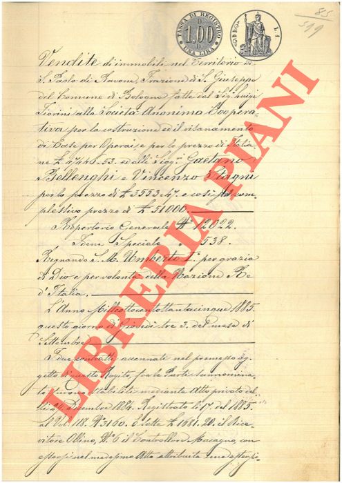 Fiorini - Societ Anonima Cooperativa per la ricostruzione e il risanamento di Case per gli Operai - Vendita di immobili nel territorio di S.Paolo di Ravone, Frazione di S.Giuseppe, Bologna