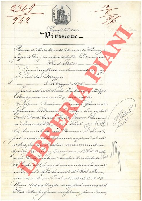 Marani - Baroncini - Divisione composta da un podere detto Casanova frazione Sasso Morelli e da due corpi di terreno facenti parte del fondo detto Borgo, Comune di Imola